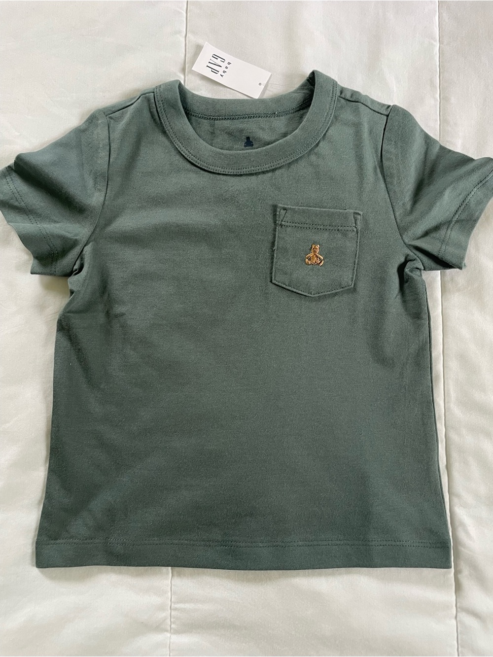 Baby GAP Short Sleeve Pocket Tee in Olive Green with Gold Teddybear Accent